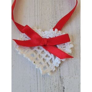Handmade crochet heart red ribbon ornament Xmas decor